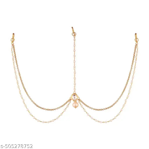 JWELLA Women Gold-Plated White Jadau Kundan And Pearl Layer Damini Maang Tika - White | Trending Kundan Stone Maang Tika