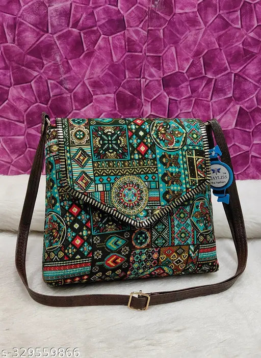 Fancy fashionable women Green PU sling bags/Full hand work bag/sling bag for women/party wear bag for women/long bag for women/wedding bag for women/Cotton Fabric Sling bags for women