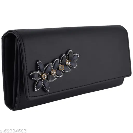 Women's Faux Leather Wallet Cum Hand Clutch With 4 Card Pockets (Peacock Black)