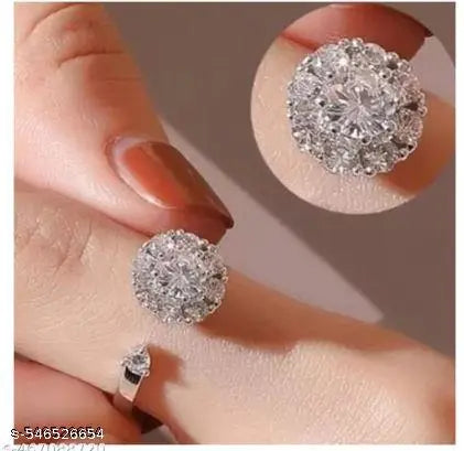 TheVineGirl Rotating Cubic Zirconia Studded Adjustable Silver-Plated Flower Ring For Women And Girls