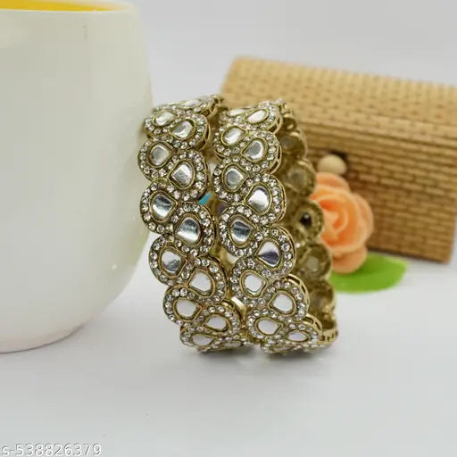 Stylish stone studded floral minimal design gold plated bangle set